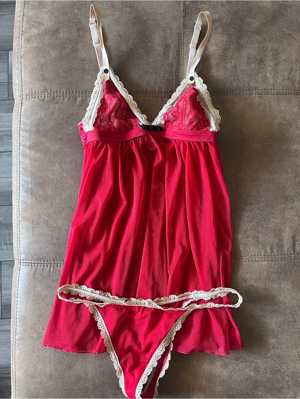Cosmopolitan Red Babydoll Chemise with Cream Lace Trim and Matching Thong